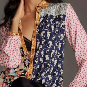**NEW BOUTIQUE CAT MULTI PRINT BUTTON DOWN SHIRT